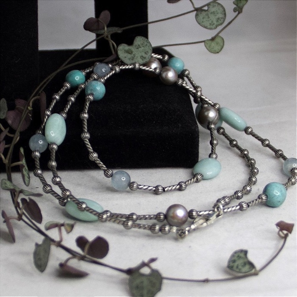 Carolyn Pollack Sterling Silver Pearl Blue Gemstone Necklace 925 Southwest 17"